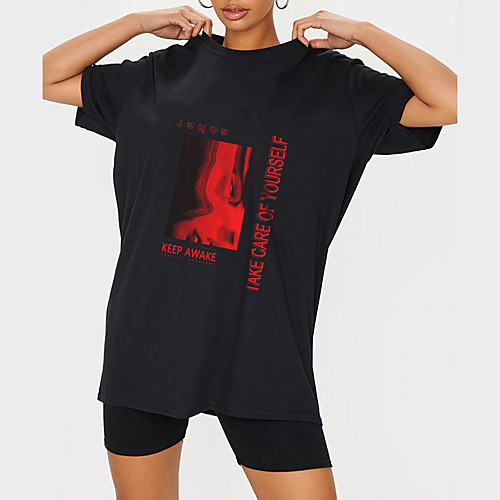 

Women's T shirt Graphic Letter Print Round Neck Tops 100% Cotton Basic Basic Top Black