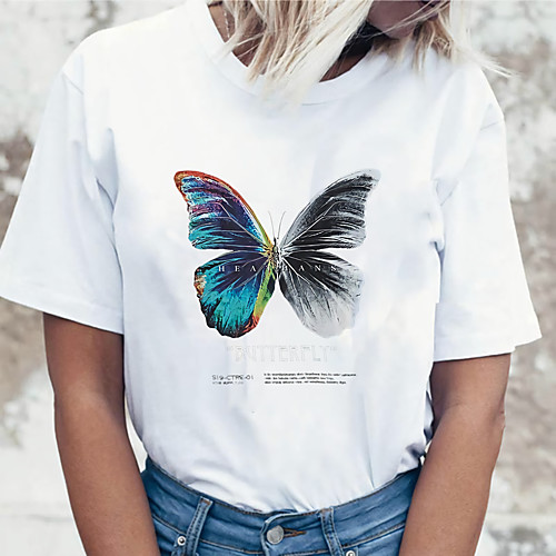 

Women's T shirt Graphic Butterfly Dandelion Print Round Neck Tops 100% Cotton Basic Basic Top White Black Blue