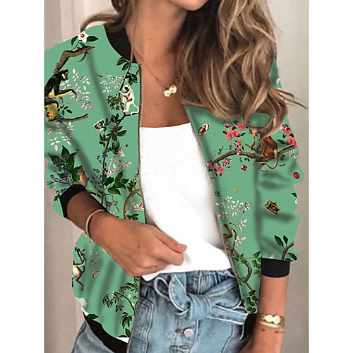 

Women's Jacket Daily Fall Spring Regular Coat Regular Fit Casual Jacket Long Sleeve Floral Print Green