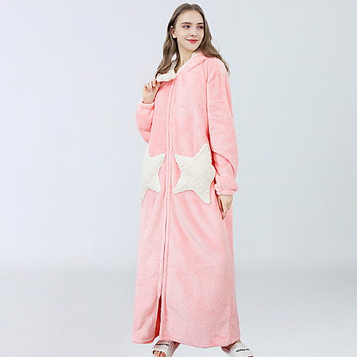 

Womens Stars Printed Fleece Robe, Cute Flannel Long Plush Hooded Bath Robe
