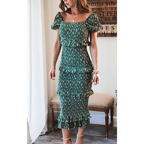 

Women's A Line Dress Midi Dress Green Short Sleeve Floral Summer Off Shoulder Elegant 2021 S M L XL