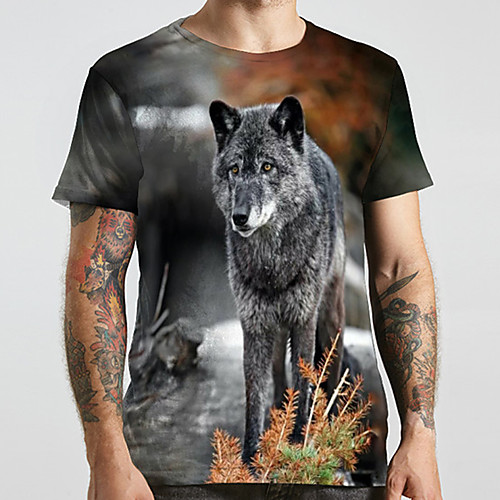 

Men's Unisex Tee T shirt 3D Print Graphic Prints Wolf Plus Size Print Short Sleeve Casual Tops Basic Designer Big and Tall Gray