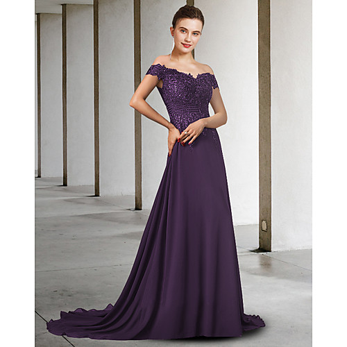 

A-Line Mother of the Bride Dress Elegant V Neck Sweep / Brush Train Chiffon Lace Sleeveless with Appliques 2021