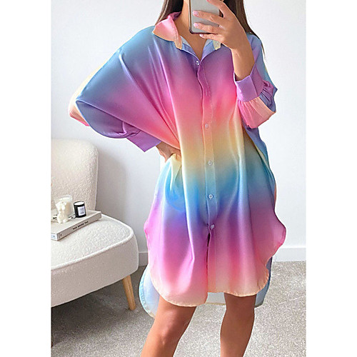 

Women's Shirt Dress Short Mini Dress Rainbow Long Sleeve Tie Dye Print Fall Summer Shirt Collar Elegant 2021 S M L XL XXL 3XL