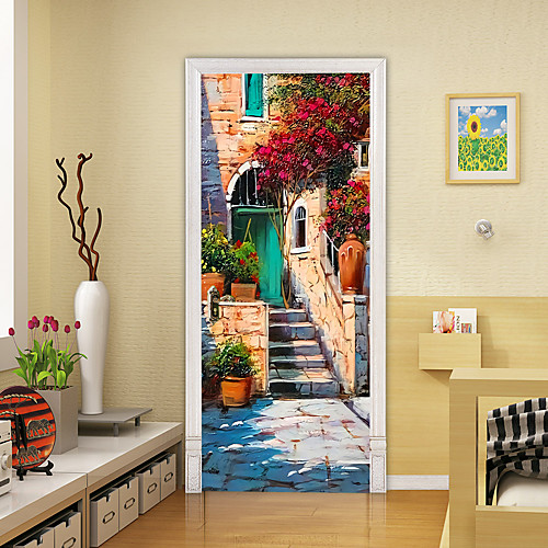 

Oil Painting Style 2pcs Self-adhesive Creative Villa Small Courtyard Door Stickers Living Room Diy Decoration Home Waterproof Wall Stickers