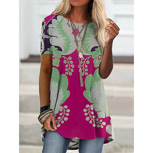 

Women's T shirt Floral Color Block Print Round Neck Tops Basic Basic Top Red