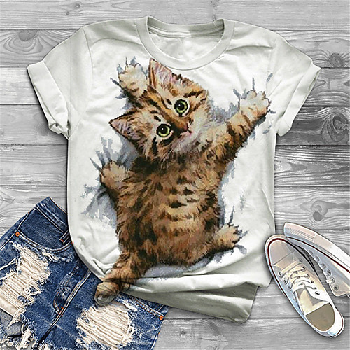 

Women's Plus Size Tops T shirt Cat Graphic Animal Print Short Sleeve Crewneck Basic Spring Summer White Big Size XL XXL 3XL 4XL 5XL
