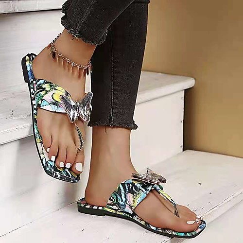 

Women's Sandals Outdoor Slippers Flat Heel Square Toe PU Flower Check Red Black Blue