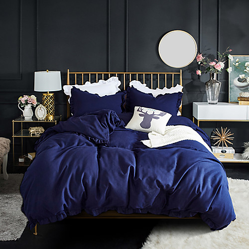 

Bed Sheet Set solid color washed cotton with zipper Duvet Cover set with vintage ruffle, fade resistant and hypoallergenic and breathable King/Queen/Twin size