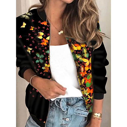 

Women's Jacket Daily Fall Spring Regular Coat Regular Fit Casual Jacket Long Sleeve Animal Patterned Print Black