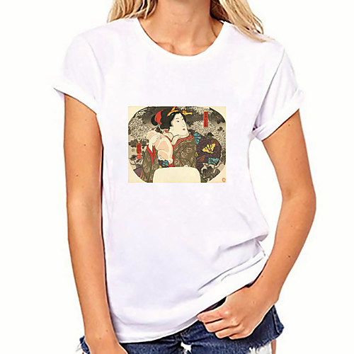 

Women's T shirt Graphic Scenery Ukiyoe Print Round Neck Tops 100% Cotton Basic Basic Top White Yellow Khaki