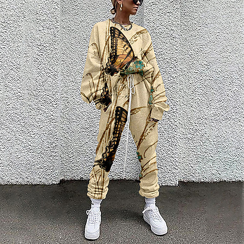 

Women's Streetwear Cinched Print Going out Casual / Daily Two Piece Set Crew Neck Sweatshirt Tracksuit Pant Loungewear Jogger Pants Drawstring Print Tops