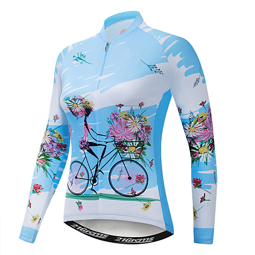 

21Grams Floral Botanical Women's Long Sleeve Cycling Jersey - Blushing Pink Blue Green Bike Jersey Top Quick Dry Moisture Wicking Breathable Sports Summer Elastane Terylene Polyester Taffeta Mountain