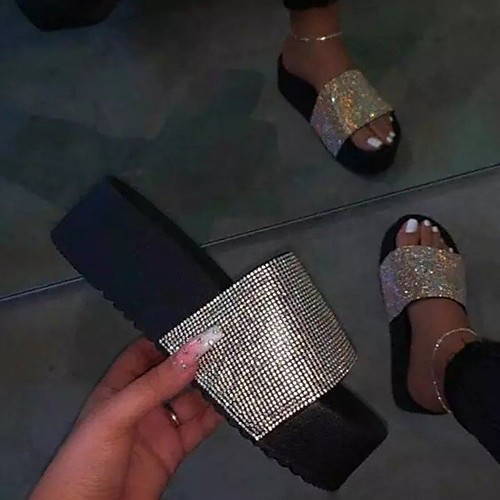 

Women's Sandals Flat Heel Round Toe Rubber Rhinestone Solid Colored Black Pink Green