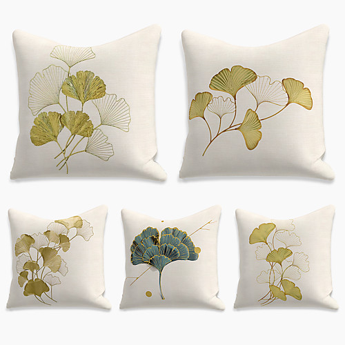 

Double Side Cushion Cover 5PC Faux Linen Soft Decorative Square Pillowcase for Sofa Bedroom 45 x 45 cm (18 x 18 Inch) Superior Quality Print Ginkgo Biloba for Patio Garden Farmhouse Bench Couch