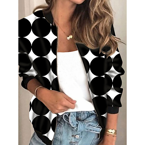 

Women's Jacket Daily Fall Spring Regular Coat Regular Fit Casual Jacket Long Sleeve Geometric Print Black