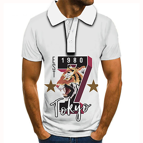 

Men's Golf Shirt 3D Print Graphic Prints Tiger Letter Button-Down Short Sleeve Street Tops Casual Fashion Cool White / Sports