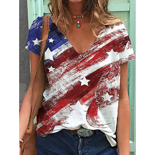 

Women's T shirt Flag V Neck Tops Basic Basic Top White