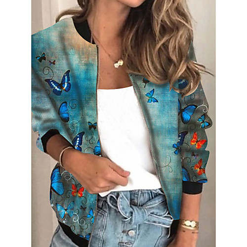 

Women's Jacket Daily Fall Spring Regular Coat Regular Fit Casual Jacket Long Sleeve Animal Patterned Print Blue