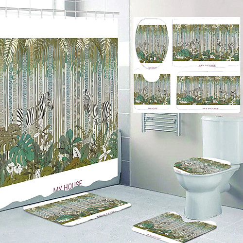 

Four-piece Set of Waterproof Shower Curtain and Hook Cushion for Bathroom Casual Decoration