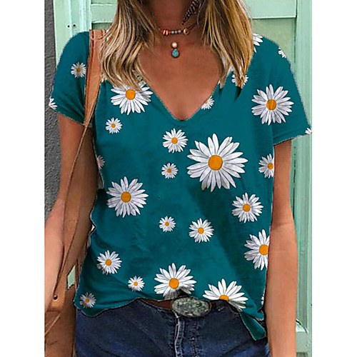 

Women's T shirt Floral V Neck Tops Basic Basic Top Blue