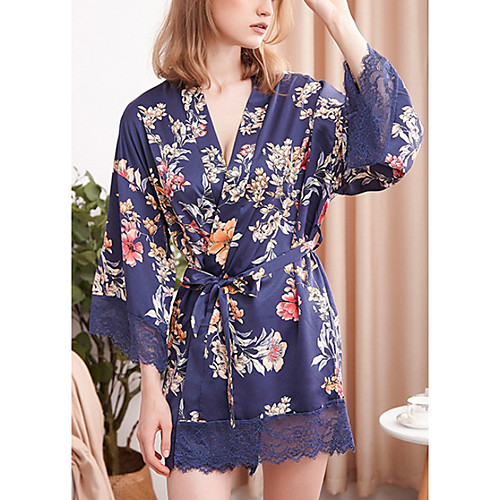 

Women's Robes Pajamas Lace Bow Print Floral POLY Casual Deep V Daily Daily Wear Belt Included / Sexy