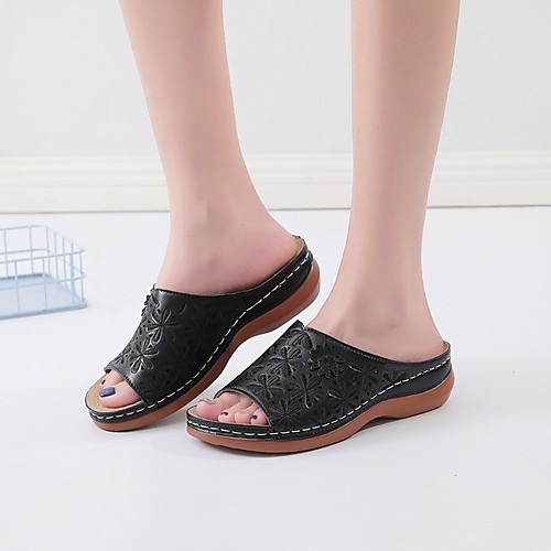 

Women's Sandals Wedge Heel Round Toe PU Flower Solid Colored Wine Black Brown