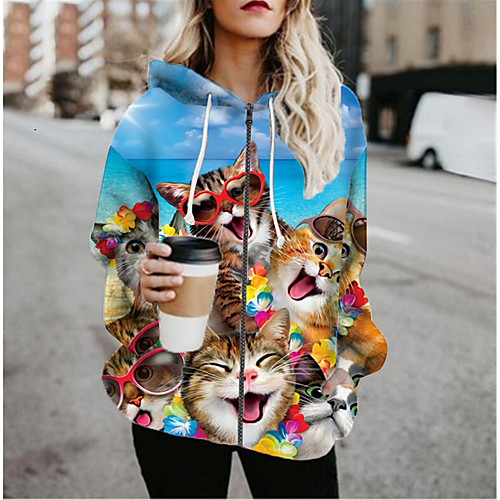 

Women's Jacket Daily Fall Spring Regular Coat Regular Fit Casual Jacket Long Sleeve Cat Print Light Blue / Holiday