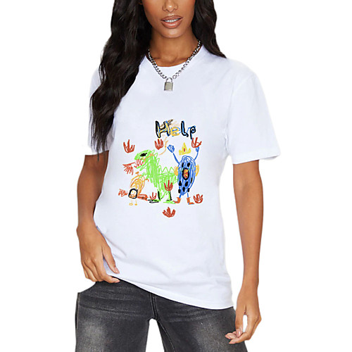 

Women's T shirt Cartoon Graphic Graffiti Print Round Neck Tops 100% Cotton Basic Basic Top White Black