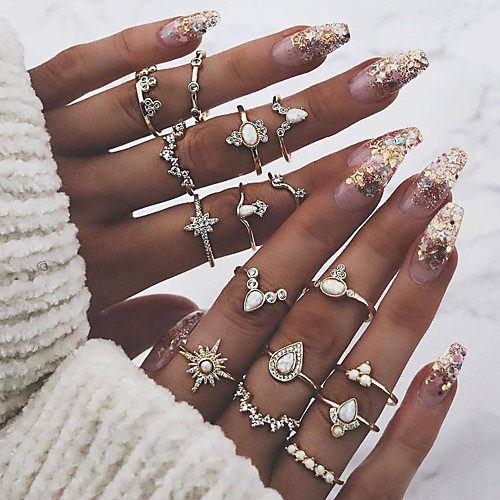 

imitation opal diamond joint ring 16-piece crown drop-shaped retro style ring