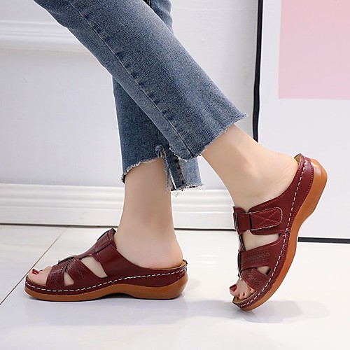 

Women's Sandals Comfort Shoes Wedge Heel Round Toe PU Solid Colored Wine Dark Brown Red
