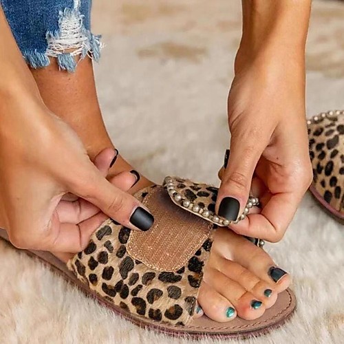 

Women's Slippers & Flip-Flops Flat Heel Round Toe PU Leopard Dark Brown Beige