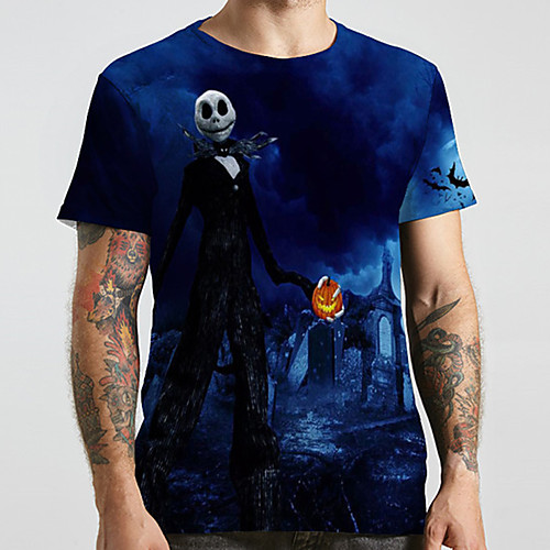 

Men's Unisex Tee T shirt 3D Print Halloween Graphic Prints Skull Plus Size Print Short Sleeve Casual Tops Basic Designer Big and Tall Navy Blue