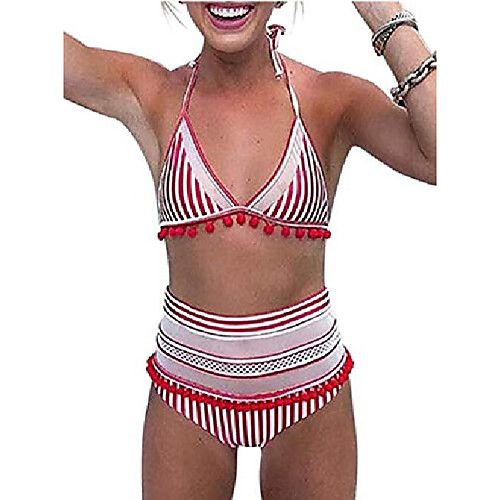 

bong buy women's mesh striped high waist bikini set tassel top halter two piece padded swimsuit l stripe red