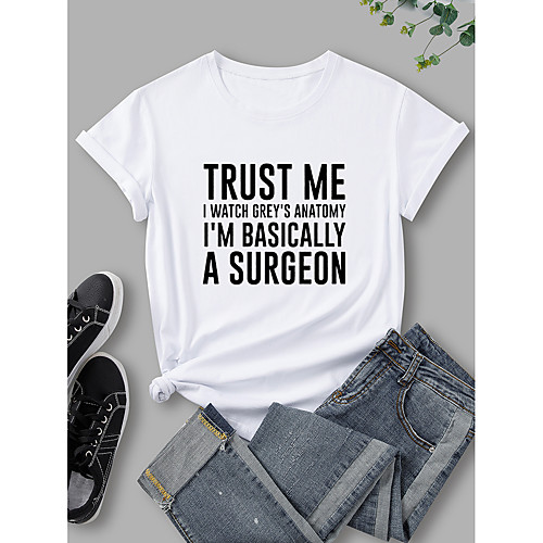 

Women's T shirt Graphic Print Round Neck Tops 100% Cotton Basic Basic Top White Black Blue