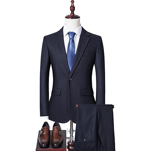 

Men's Suits Pants Blazer Business Wedding Guest Solid Colored Single Breasted One-button Regular Fit Polyester Men's Suit Gray / Black / Navy Blue - Peaked Lapel