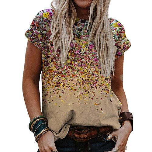 

Women's T shirt Floral Graphic Print Round Neck Tops Basic Basic Top Blue Red Yellow