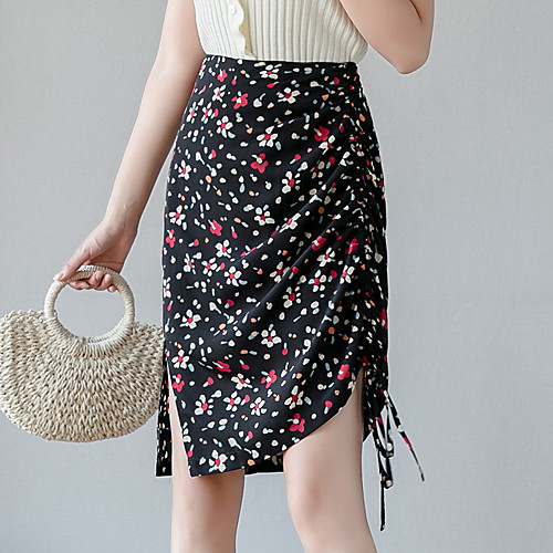 

Women's Going out Weekend Casual Streetwear Skirts Floral / Botanical Split Ruched Print Black