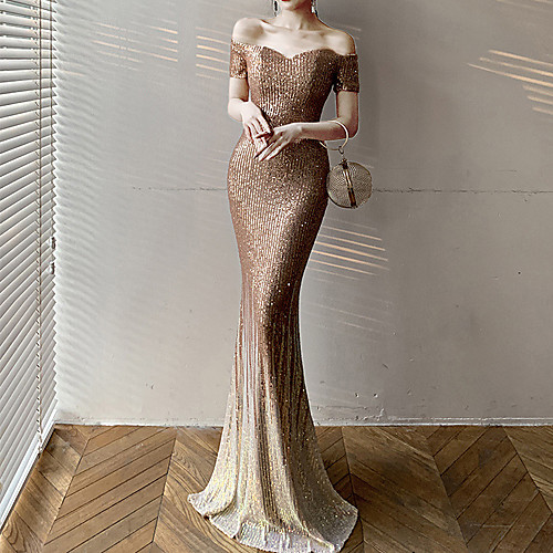 

Mermaid / Trumpet Color Block Sparkle Wedding Guest Formal Evening Dress Off Shoulder Short Sleeve Floor Length Sequined with Sequin 2021