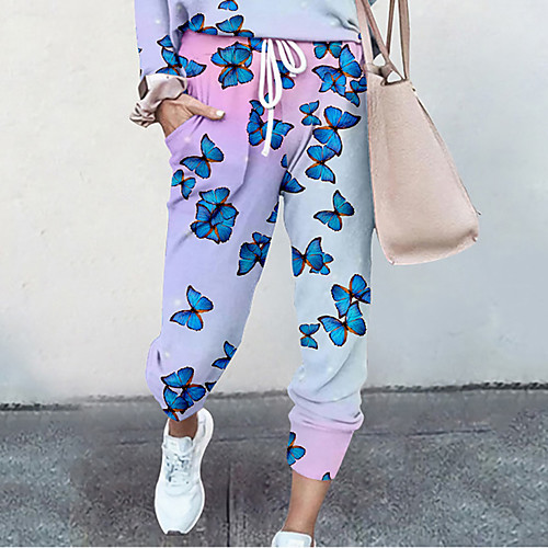 

Women's Basic Soft Comfort Going out Gym Palazzo Pants Butterfly Gradient Full Length Elastic Drawstring Design Print Blushing Pink