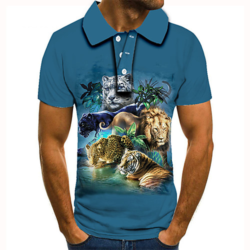 

Men's Golf Shirt Tennis Shirt 3D Print Graphic Prints Cheetah Print Lion Tiger Animal Button-Down Short Sleeve Street Tops Casual Fashion Cool Blue / Sports