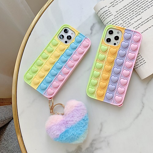 

Fidget Toys Phone Case For iPhone 12 11 Pro Max Rainbow Push Pop Bubble Protecive Silicone Case for iPhone XS Max XR X 7 8 Plus Stress Relief Fidget Case With Plush Heart Ornaments