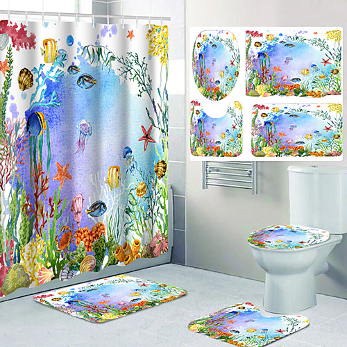 

Four-piece Set of Waterproof Shower Curtain and Hook Cushion for Bathroom Casual Decoration