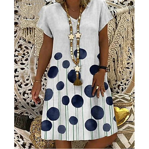 

Women's A Line Dress Knee Length Dress White Short Sleeve Polka Dot Patchwork Print Summer V Neck Casual 2021 S M L XL XXL 3XL