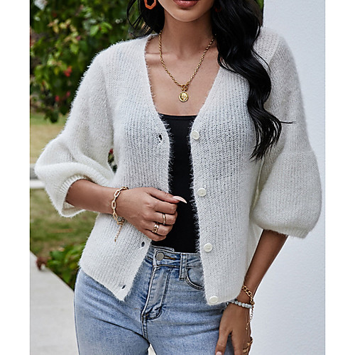 

Women's Solid Color Cardigan Long Sleeve Sweater Cardigans V Neck Fall Spring White Blue Purple