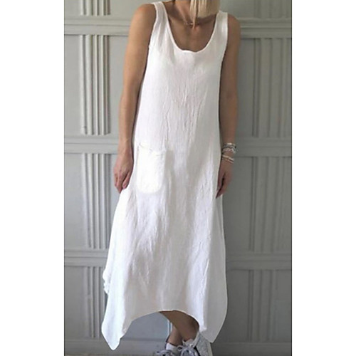 

Women's Cotton Linen Dress Maxi long Dress Blue White Sleeveless Solid Color Patchwork Fall Summer Round Neck Casual Loose 2021 M L XL XXL 3XL 4XL 5XL