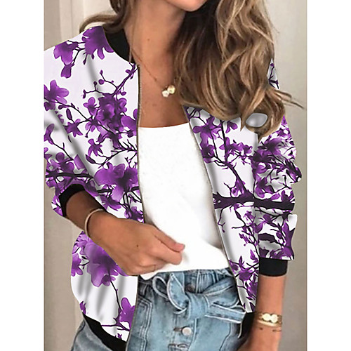 

Women's Jacket Daily Fall Spring Regular Coat Regular Fit Casual Jacket Long Sleeve Floral Print Purple