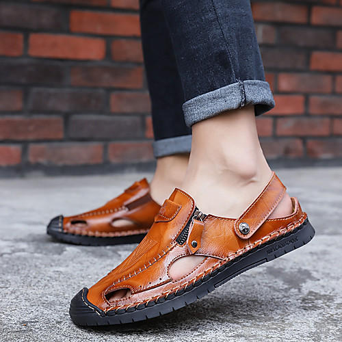 

Men's Sandals Flat Sandals Hand Stitching Casual Daily Water Shoes Upstream Shoes PU Breathable Handmade Non-slipping Black Brown Summer