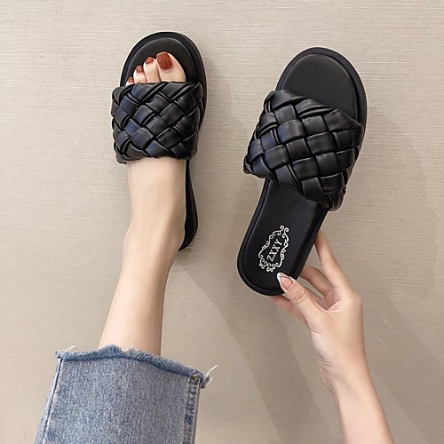 

Women's Sandals Outdoor Slippers Flat Heel Round Toe PU Black Champagne Beige