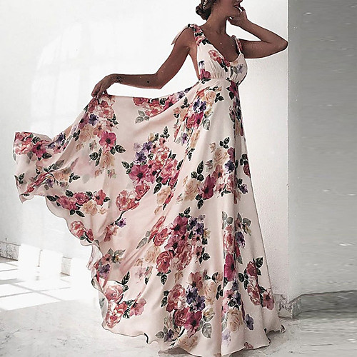 

Women's A Line Dress Maxi long Dress White Beige Sleeveless Floral Backless Print Summer V Neck Casual Sexy 2021 S M L XL XXL 3XL / Cotton